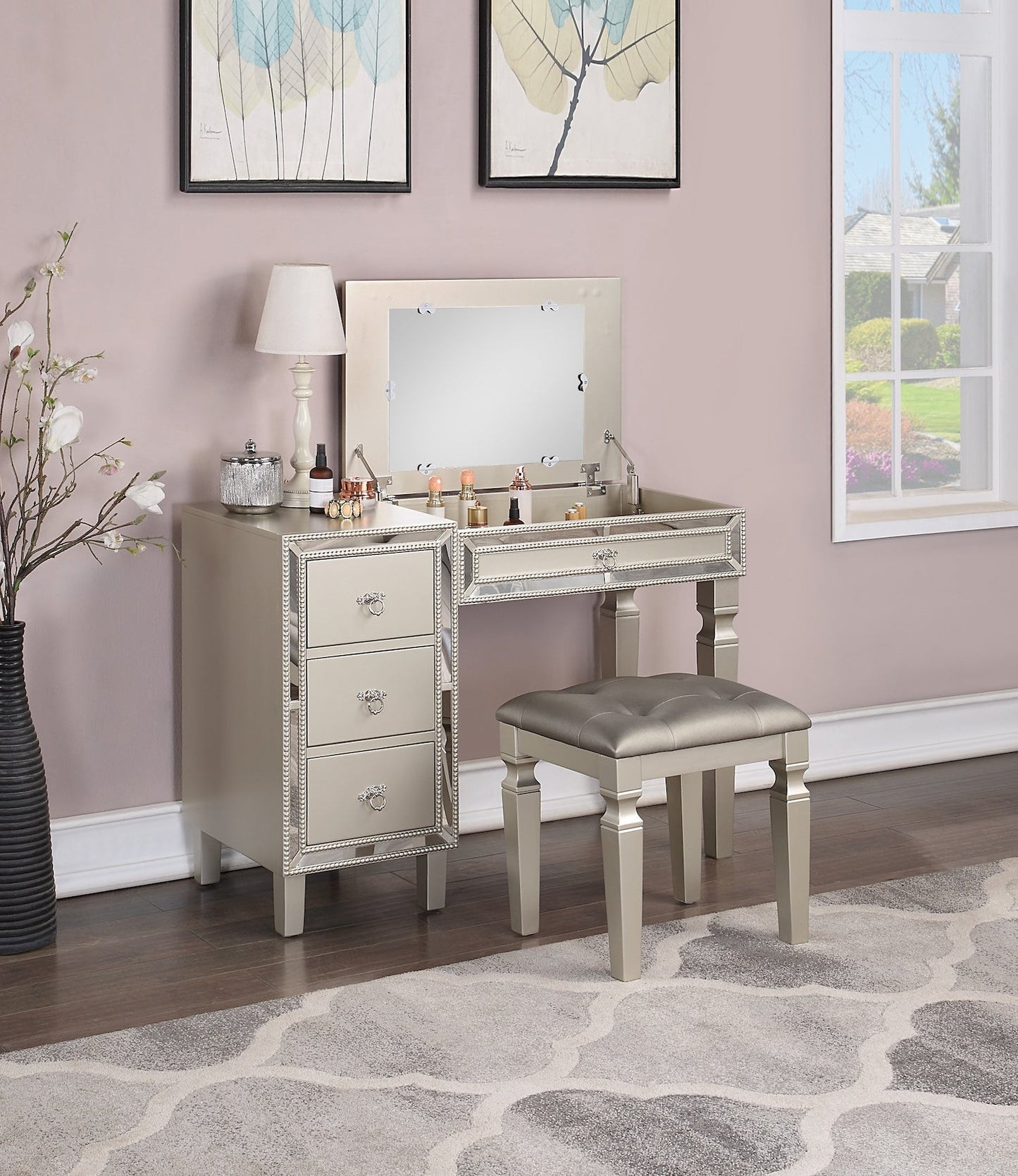 Randa Contemporary Vanity Set with Stool - Silver & Mirror