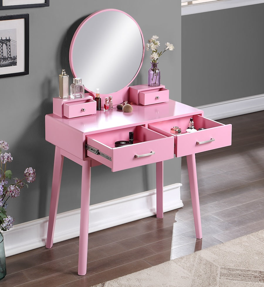 Liannon Contemporary Wood Vanity and Stool Set, Pink