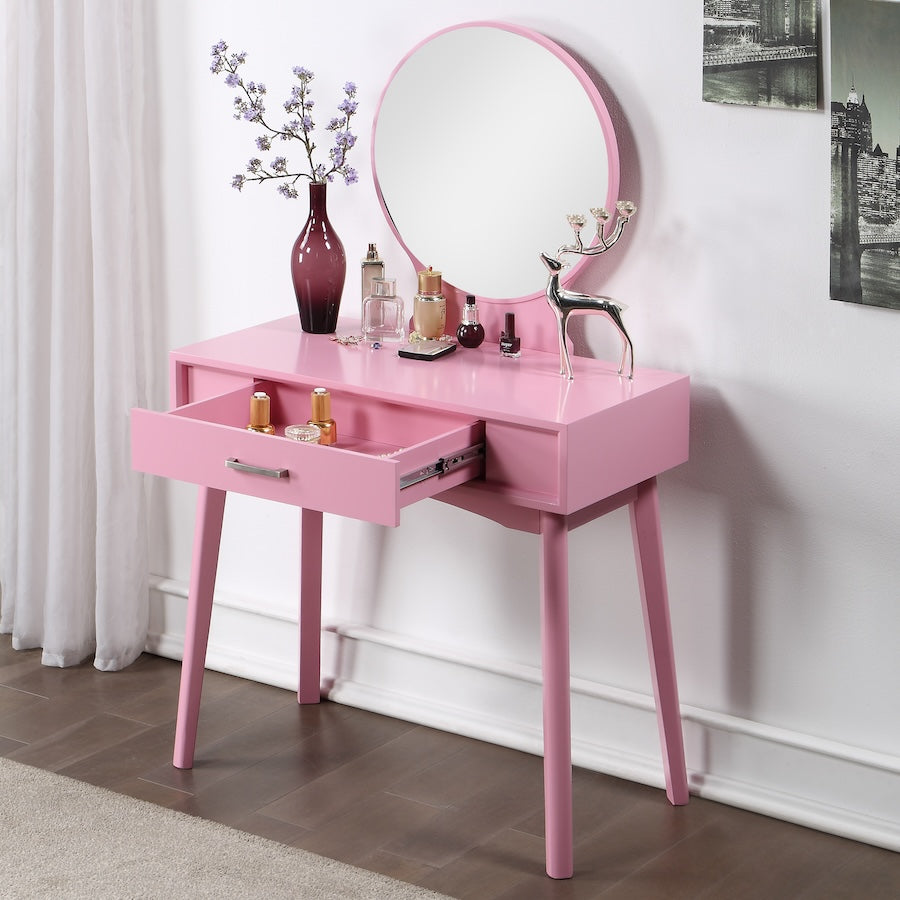 Maly Contemporary Wood Vanity and Stool Set, Pink