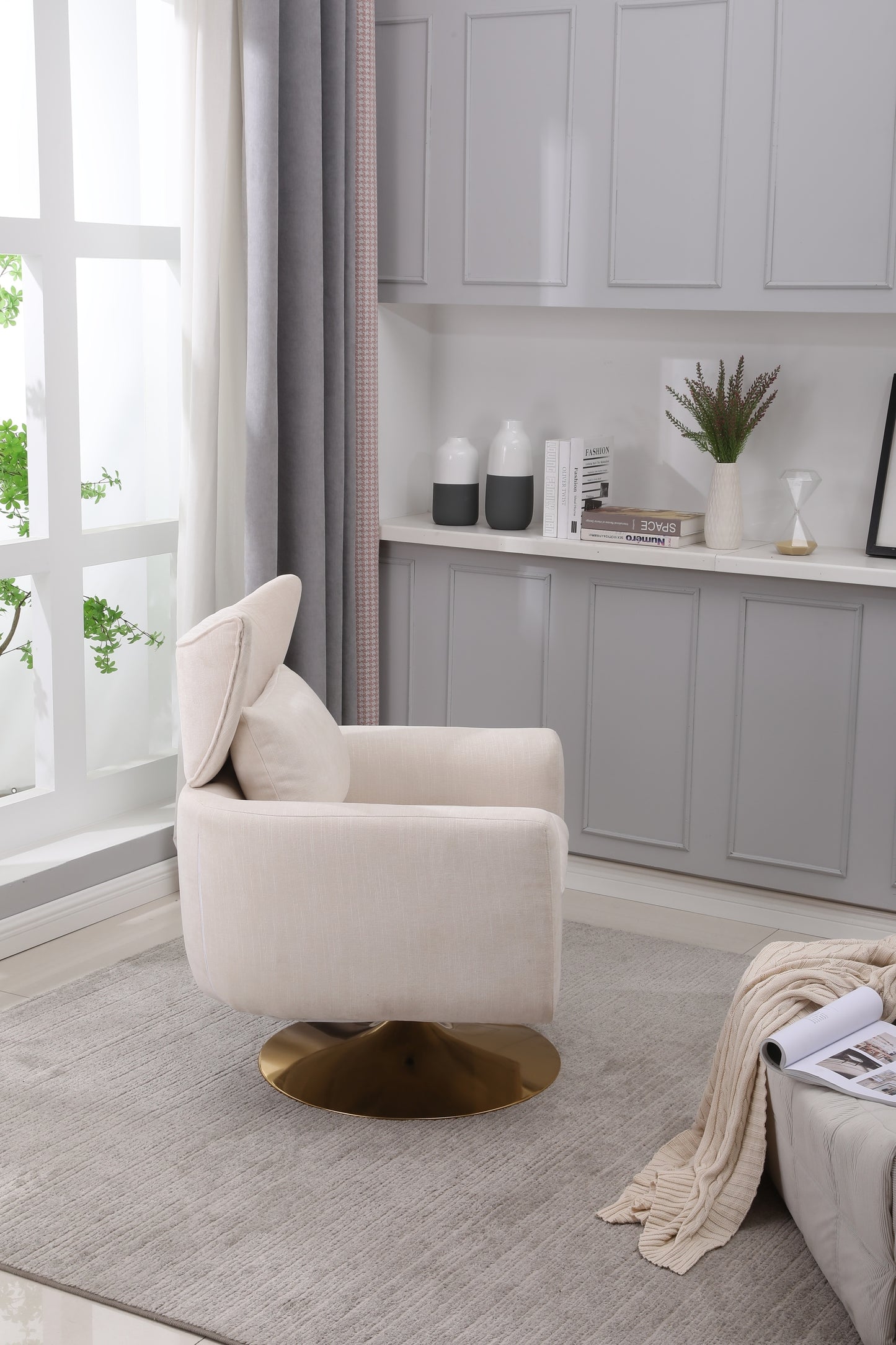 Brenda Mid-Century Modern Linen Swivel Chair with Gold Base - Beige