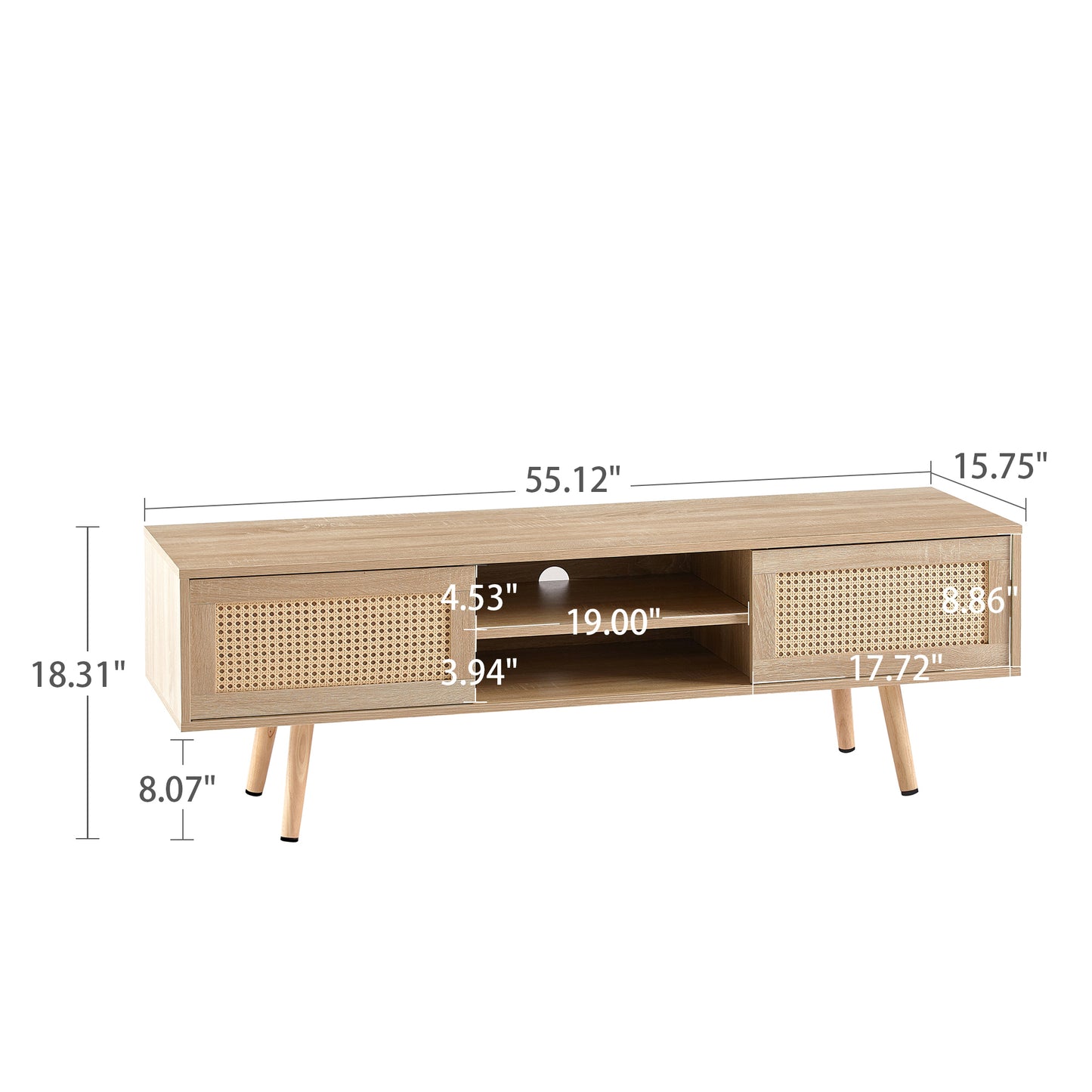 Clara Mid-Century Modern TV Stand with Rattan Doors and Angled Legs, Natural
