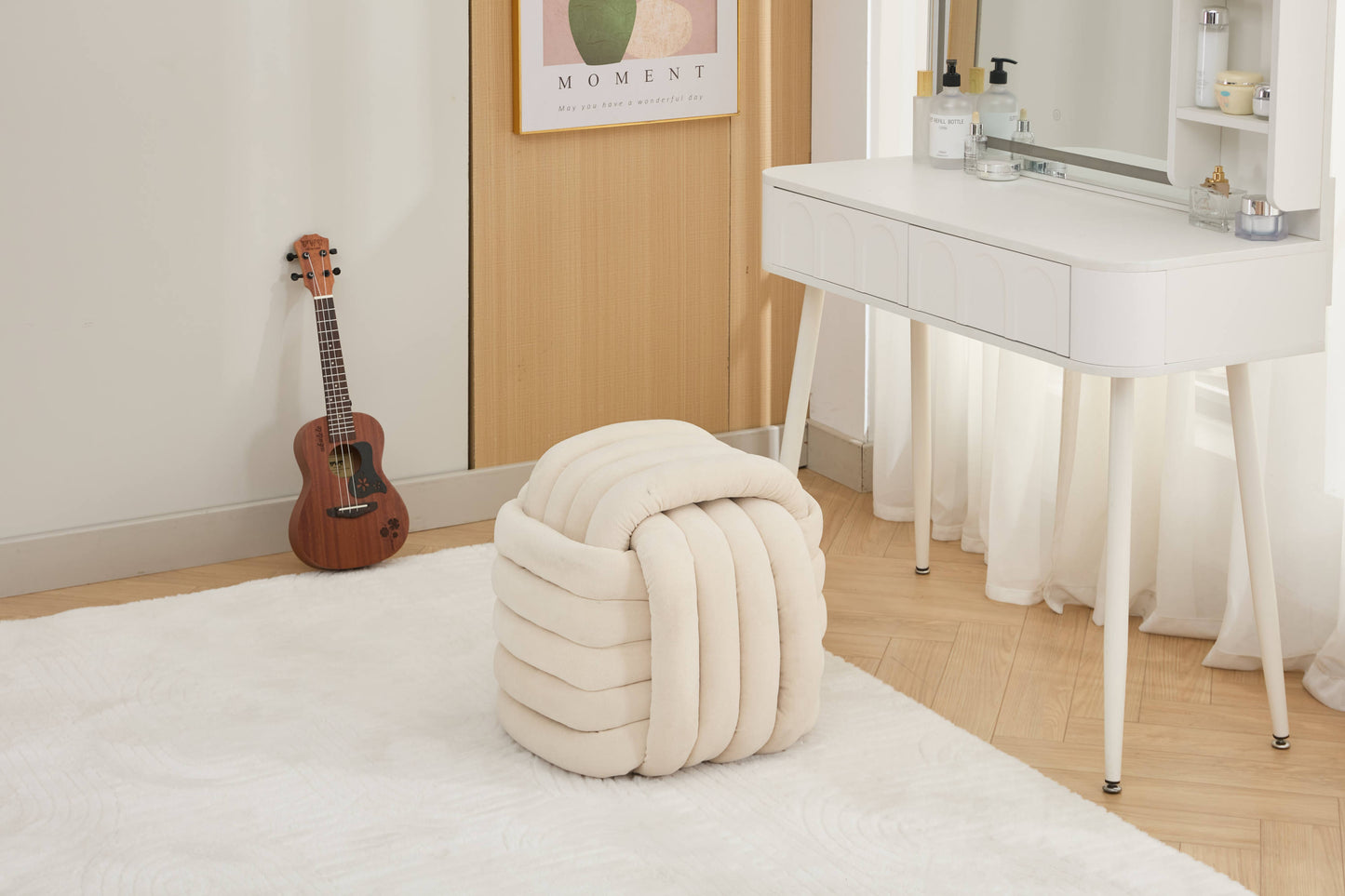 Darien Modern Chenille Knot Design Ottoman, Beige
