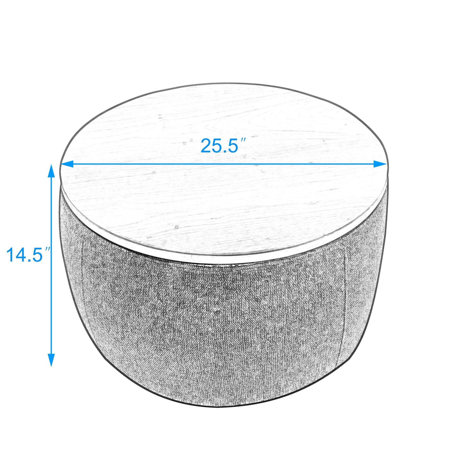 Jules Round Upholstered Storage Ottoman with Wooden Top, Gray