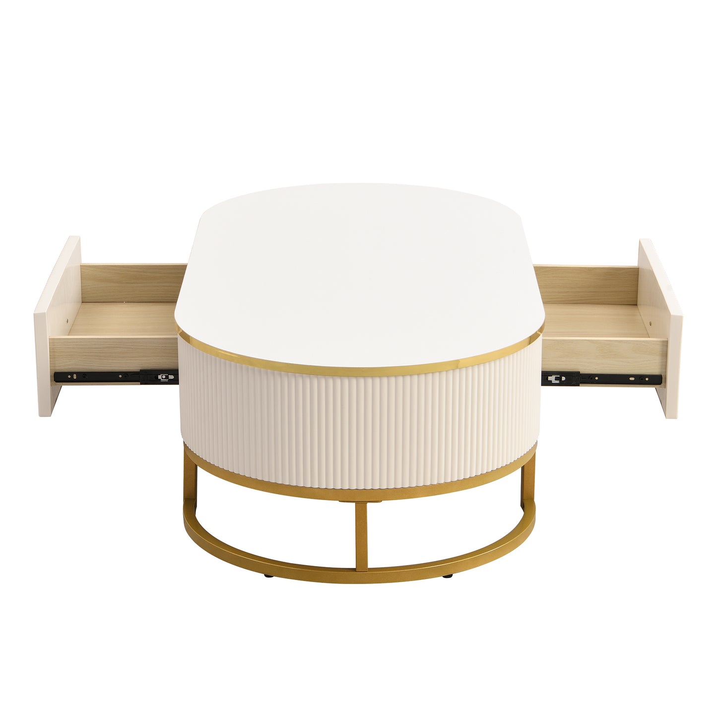 Sedona Modern Oval Coffee Table with 2 Large Drawers, White & Gold