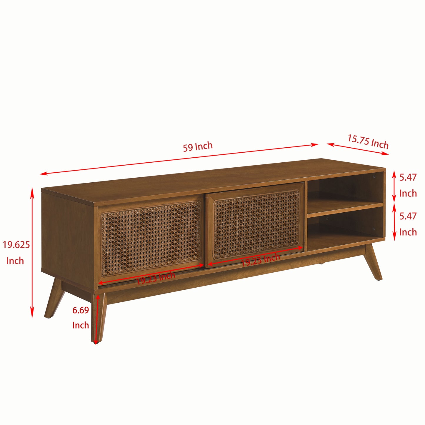 Barker 59 Inch Mid Century Modern Rattan TV Stand - Walnut