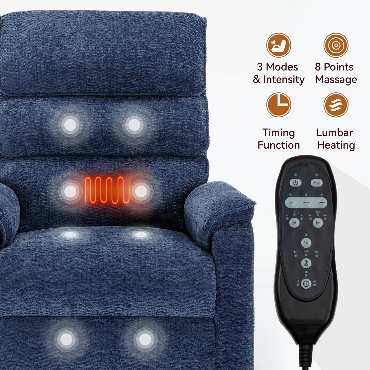 Solene Power Lift Recliner with Head & Massage, Blue Chenille