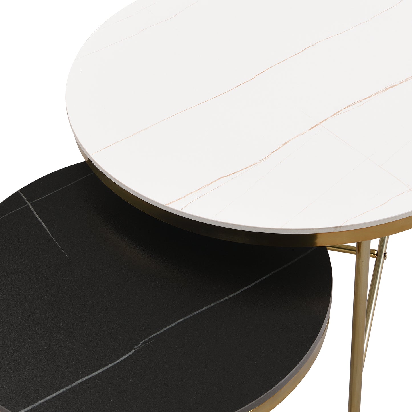 Zinnia Modern Round Nesting Coffee Table Set, Black & White Sintered Stone Top Gold Base