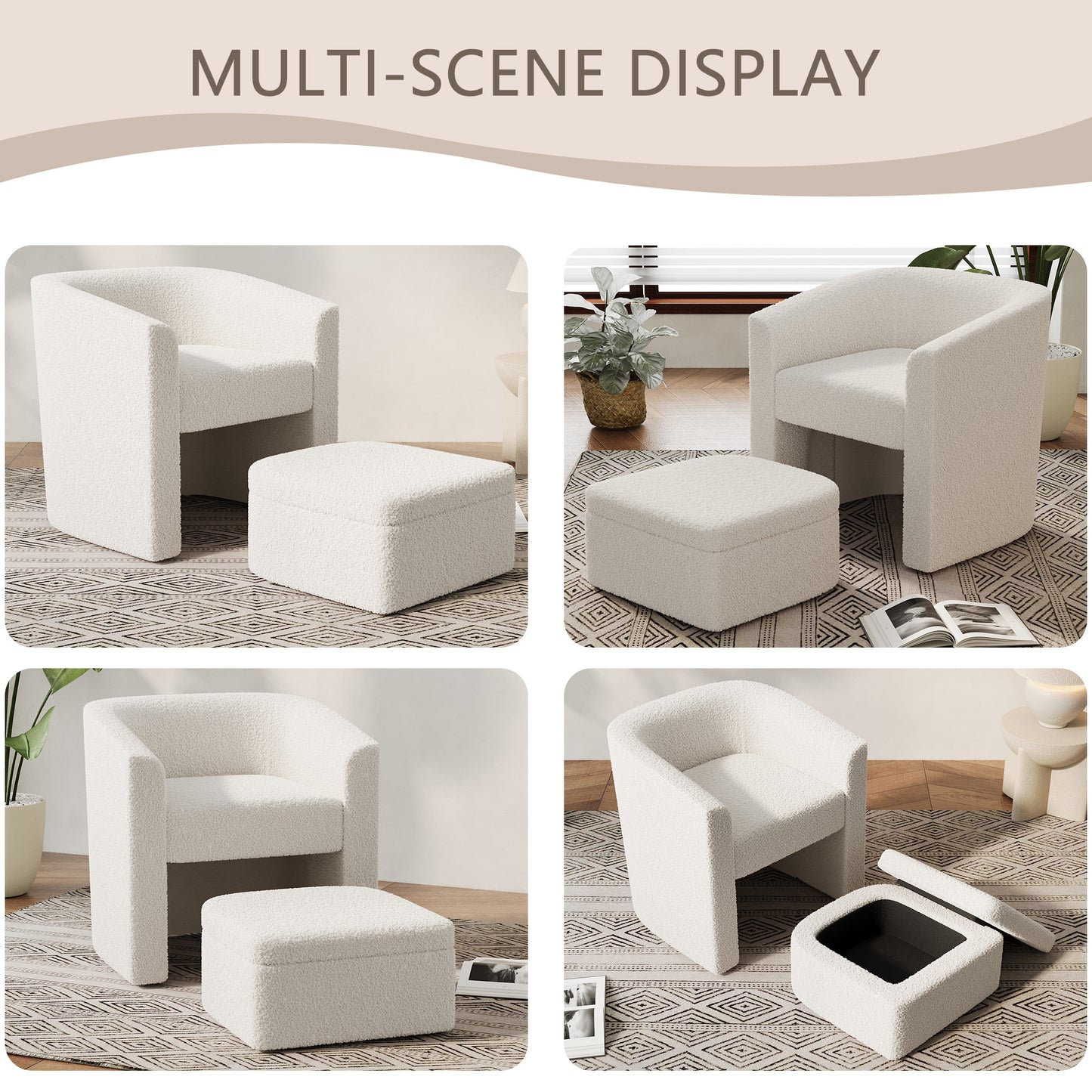 Cher Cream White Velvet Accent Chair & Ottoman Set