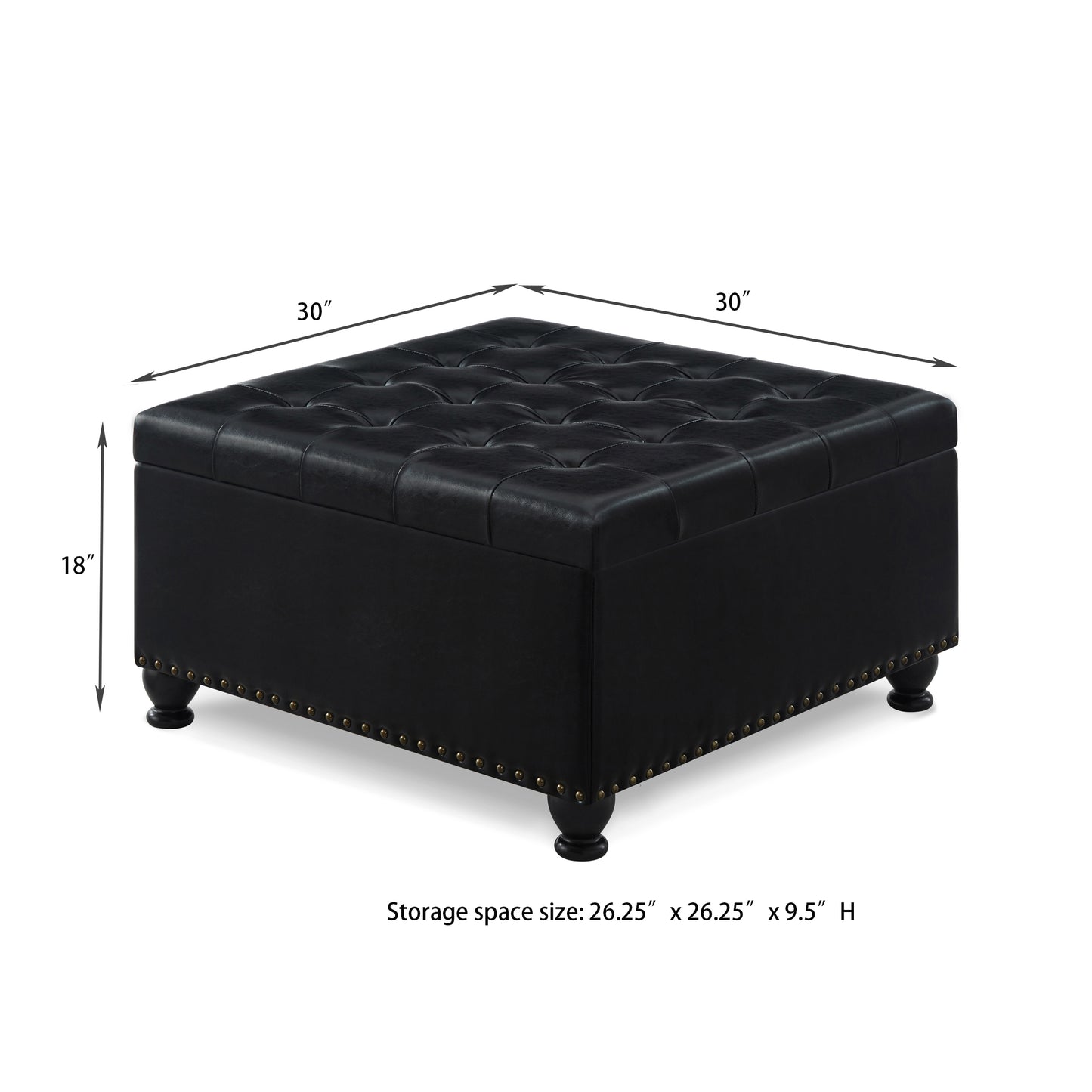 Trent PU Leather Storage Ottoman with Turned Feet - Black