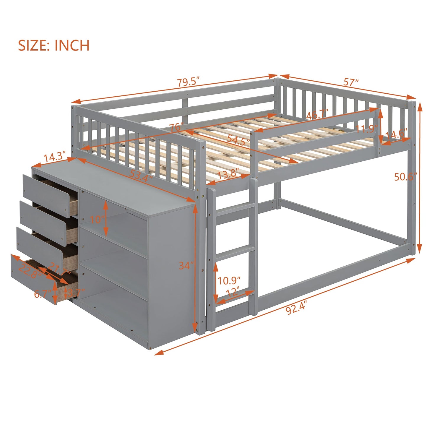 Rachel Full over Full Bunk Bed with 4 Drawers and 3 Shelves-Gray
