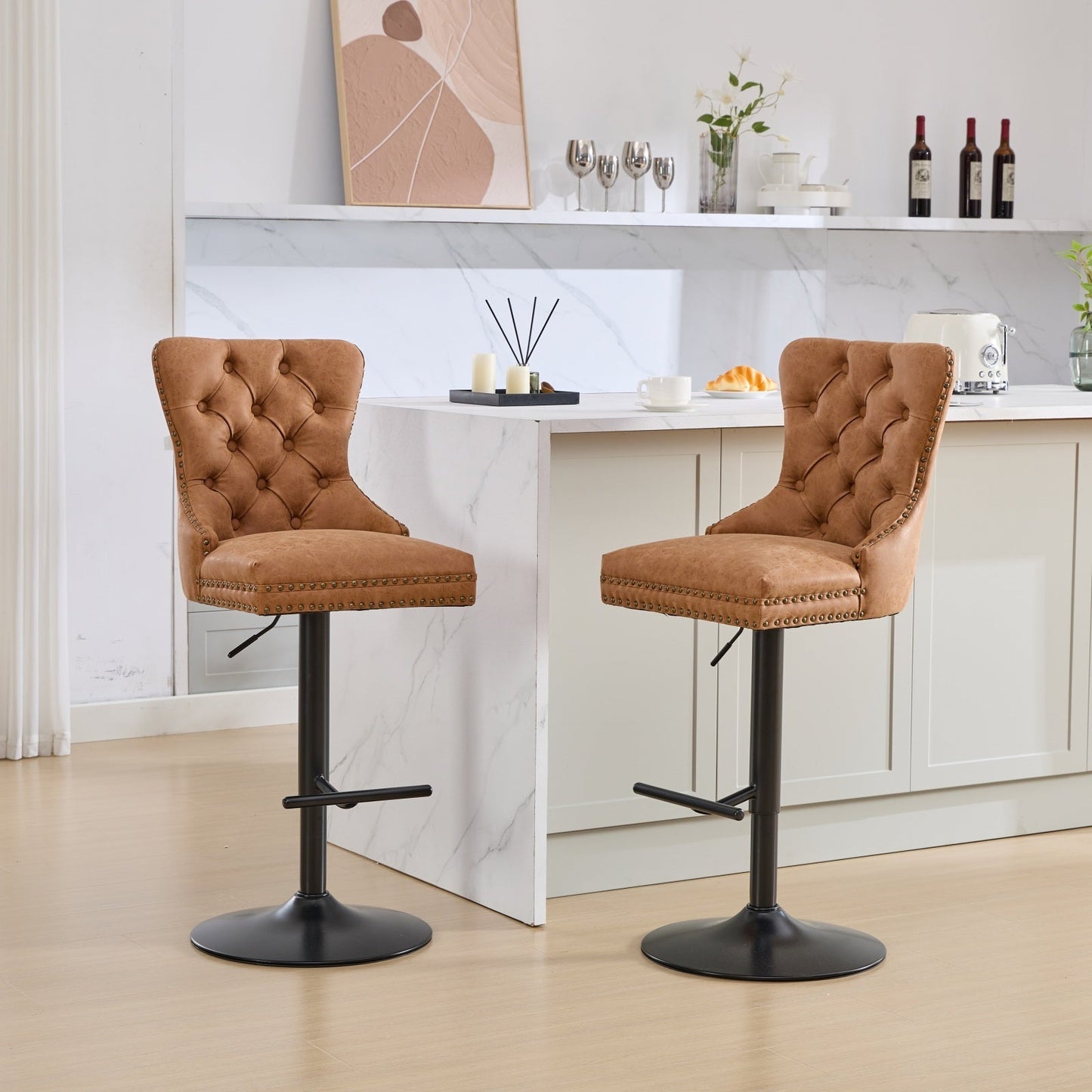Lenora PU Leather Adjustable Bar Stools with Black Legs Set of 2 Orange