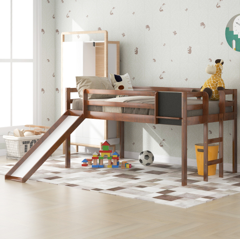 Rowena Twin size Loft Bed Wood Bed with Slide, Stair and Chalkboard