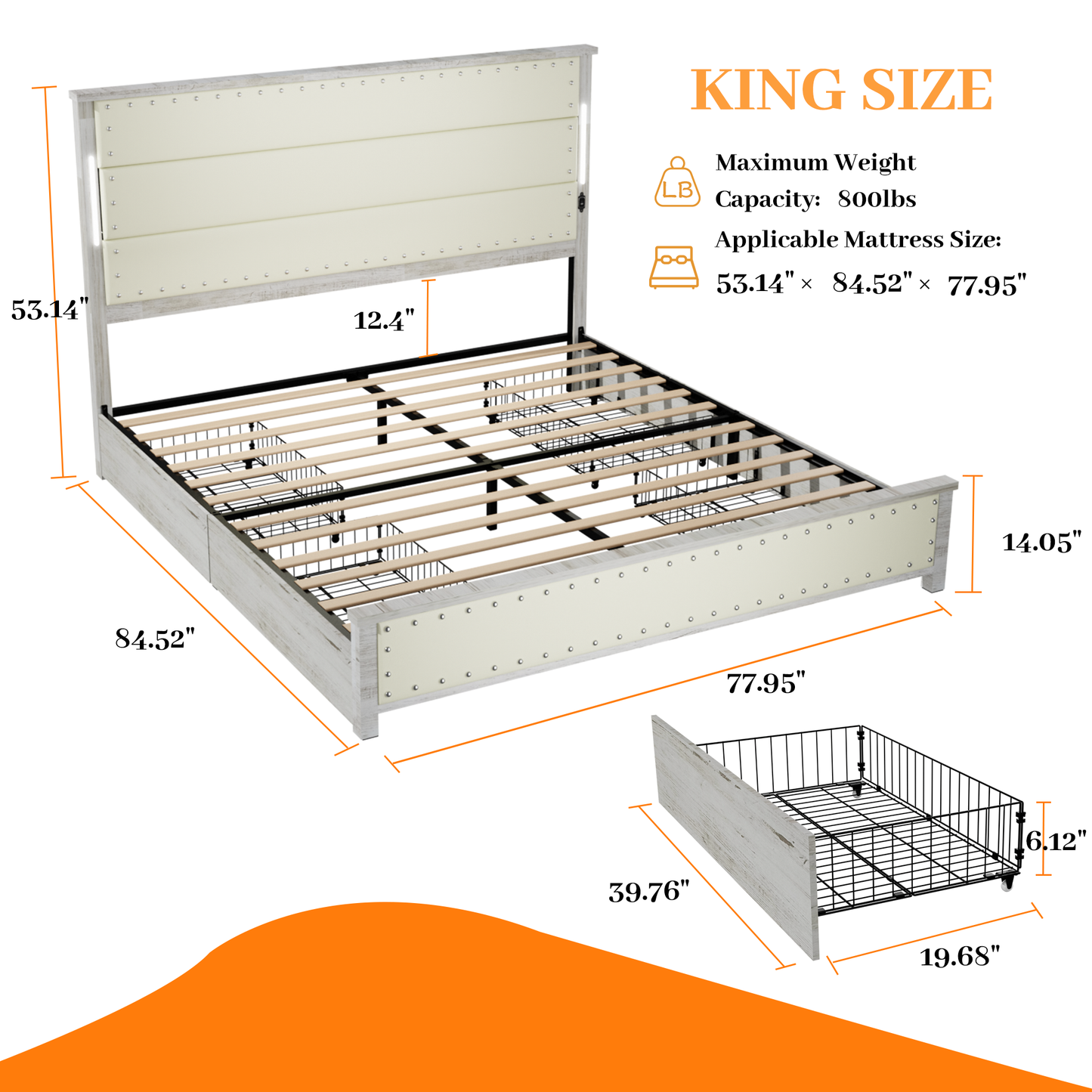 Cyra Modern King Platform Bed with Storage & LED Lights - Beige Riveted Faux Leather
