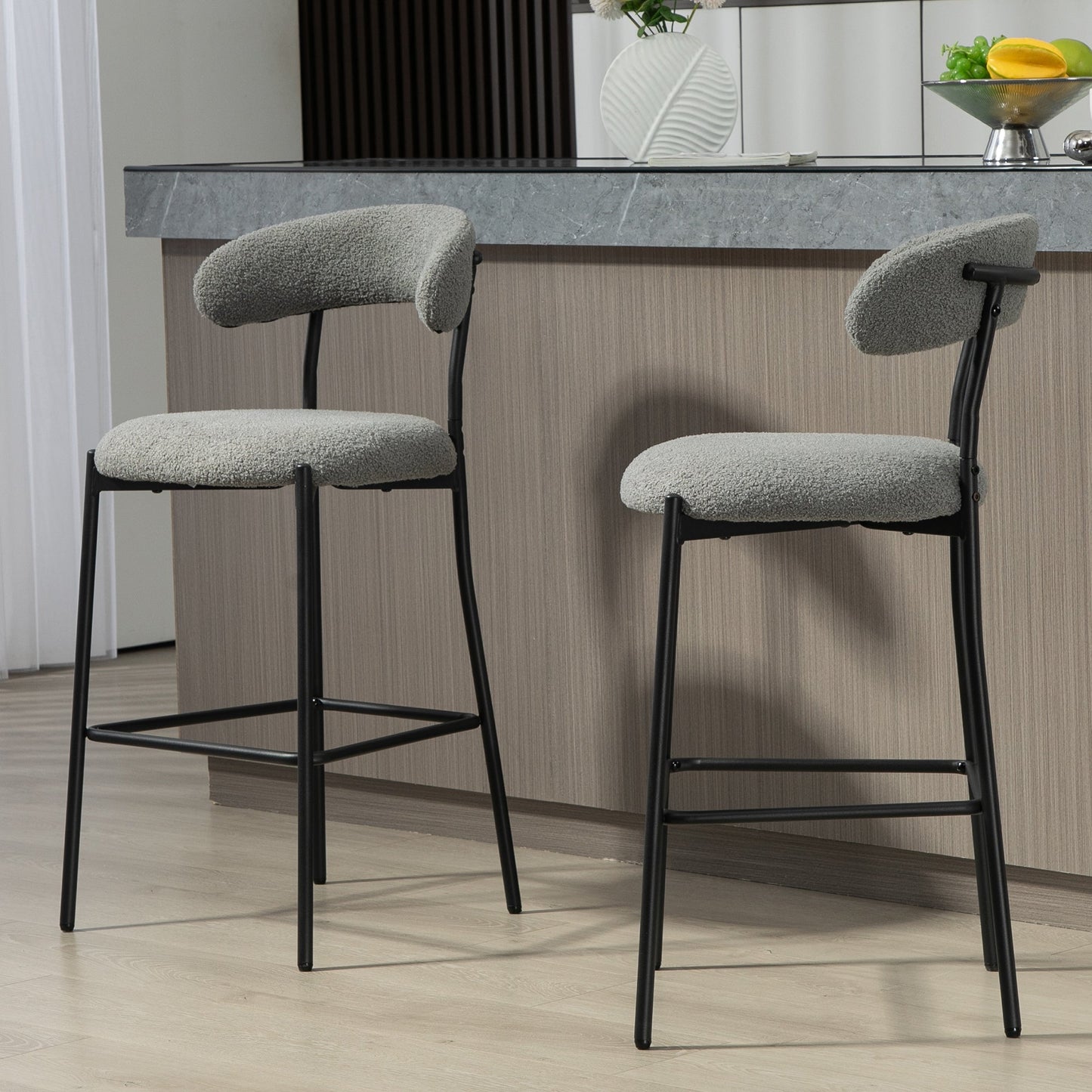 Modern Grey Teddy Fabric 26" Counter Height Bar Stool with Black Powder-Coated Base Set of 2 Grey