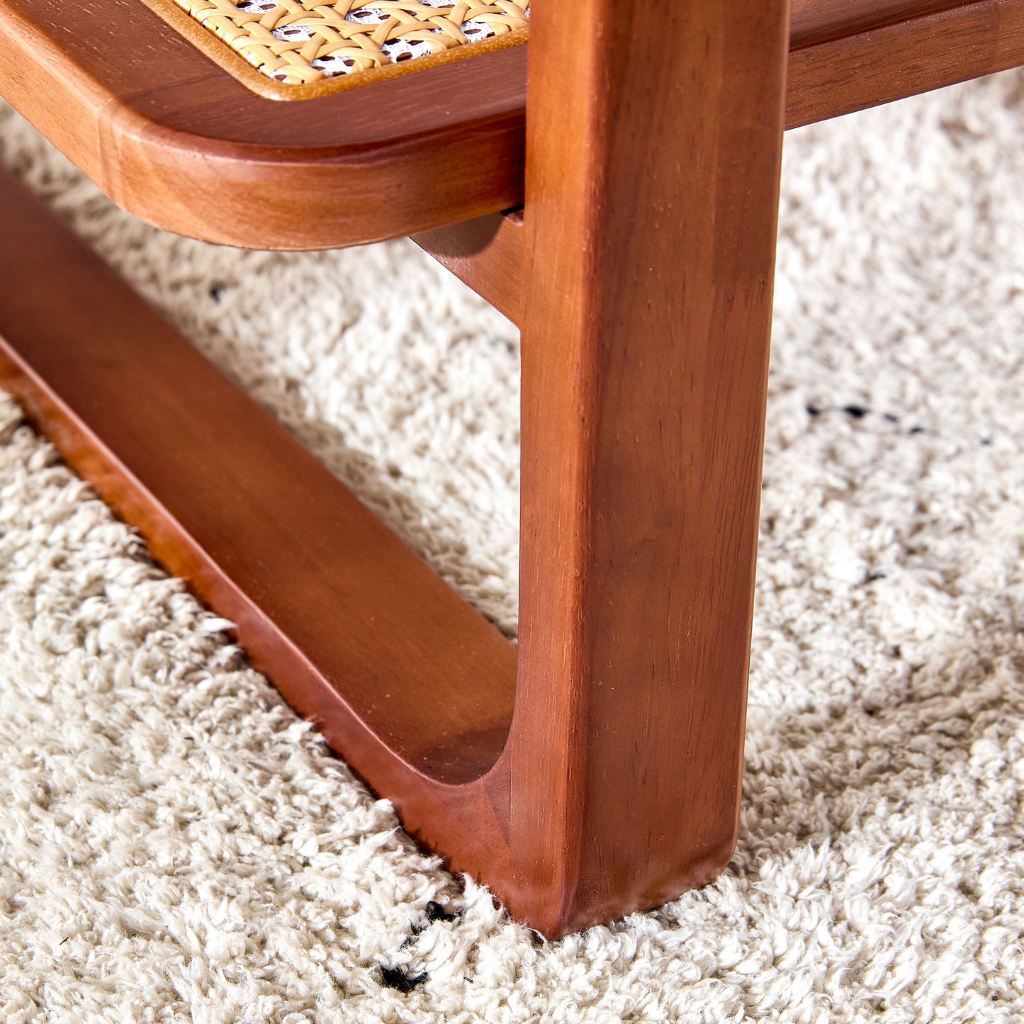 Baylor Mid-Century Modern Glass Top Coffee Table with Rattan Shelf, Walnut