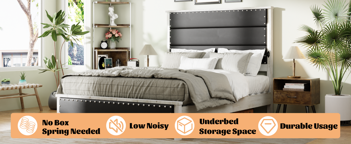 Cyra Modern King Platform Bed with Storage & LED Lights - Dark Gray & White