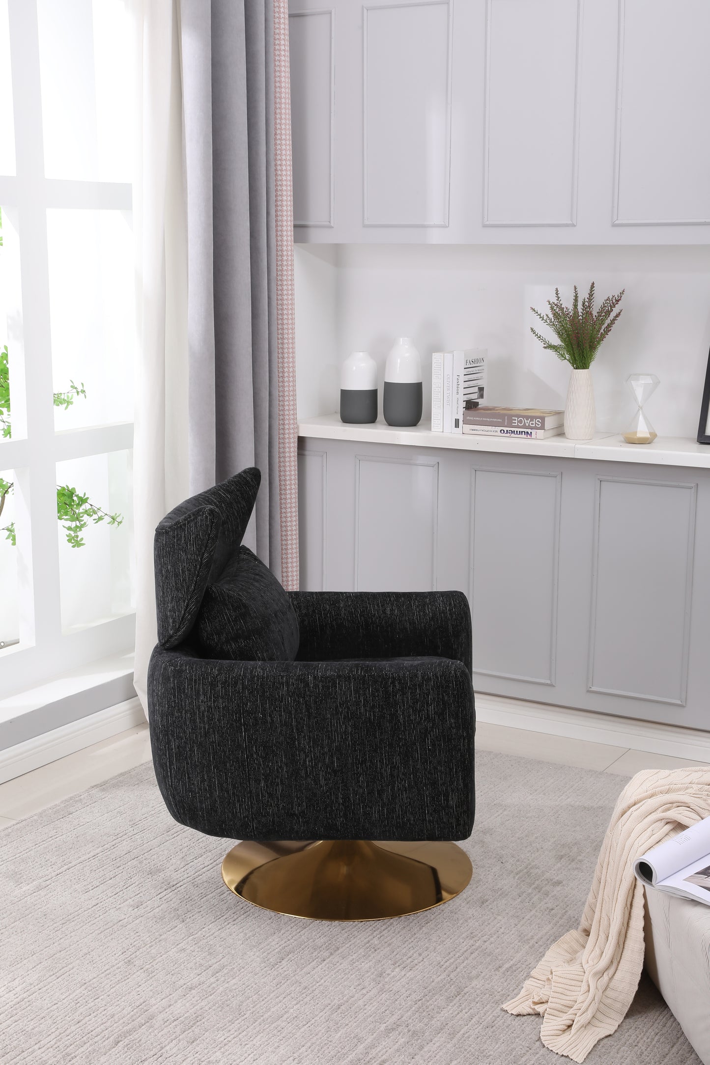 Brenda Mid-Century Modern Linen Swivel Chair with Gold Base - Black