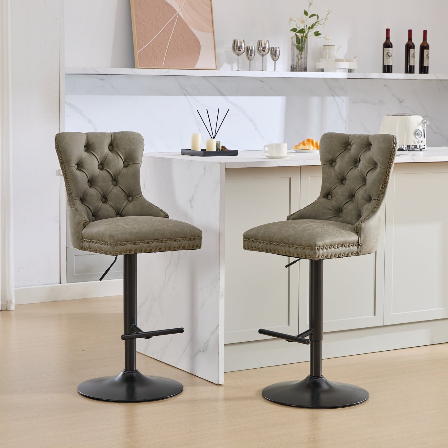 Lenora PU Leather Adjustable Bar Stools with Black Legs Set of 2 Olive