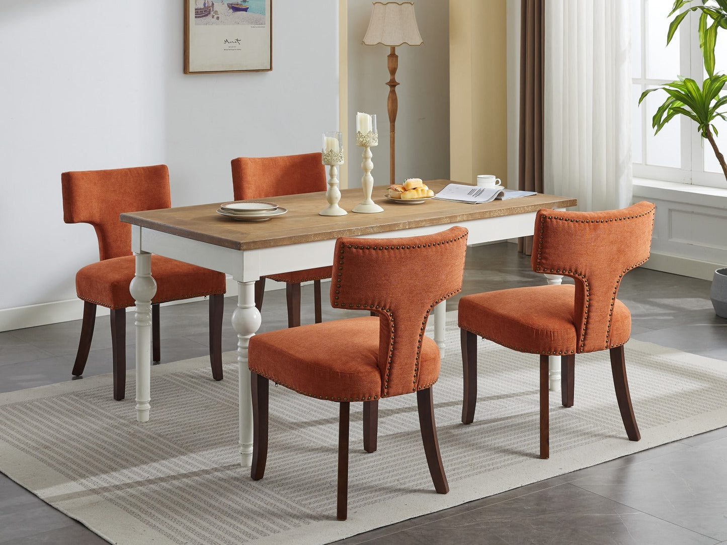 Mid Century Modern Farmhouse Linen Fabric Upholstered Dining Chairs Set of 2 Orange