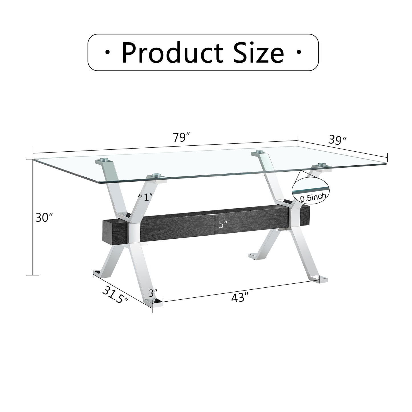 Oversher Modern Tempered Glass Dining Table with Crossbar & Silver Legs