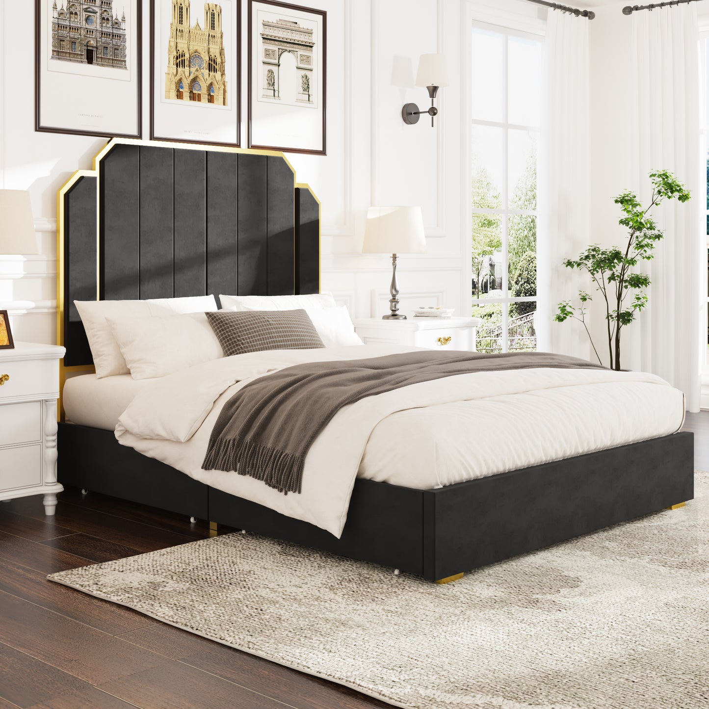 Amaryllis Modern Velvet & Metal Platform Bed, Black & Gold