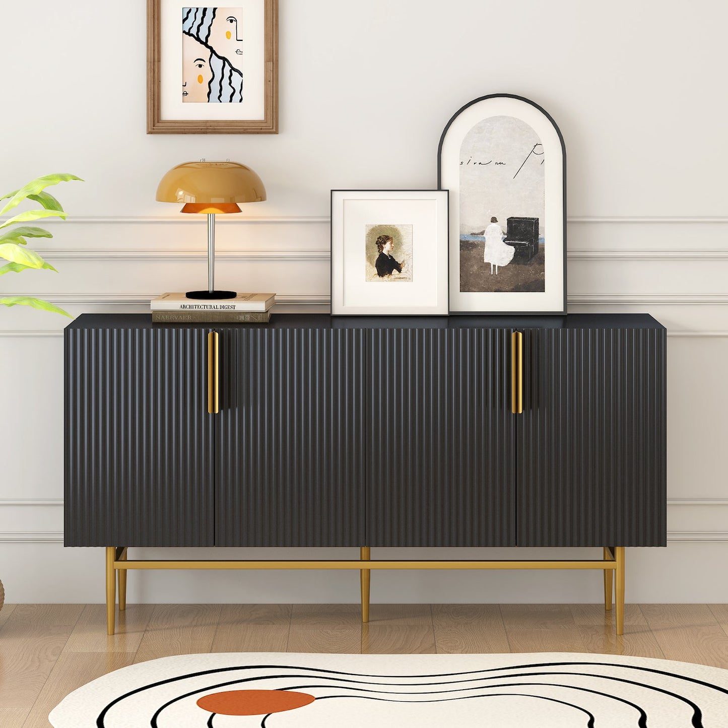 Trexm Modern Side Board with Gold Handles & Base - Black