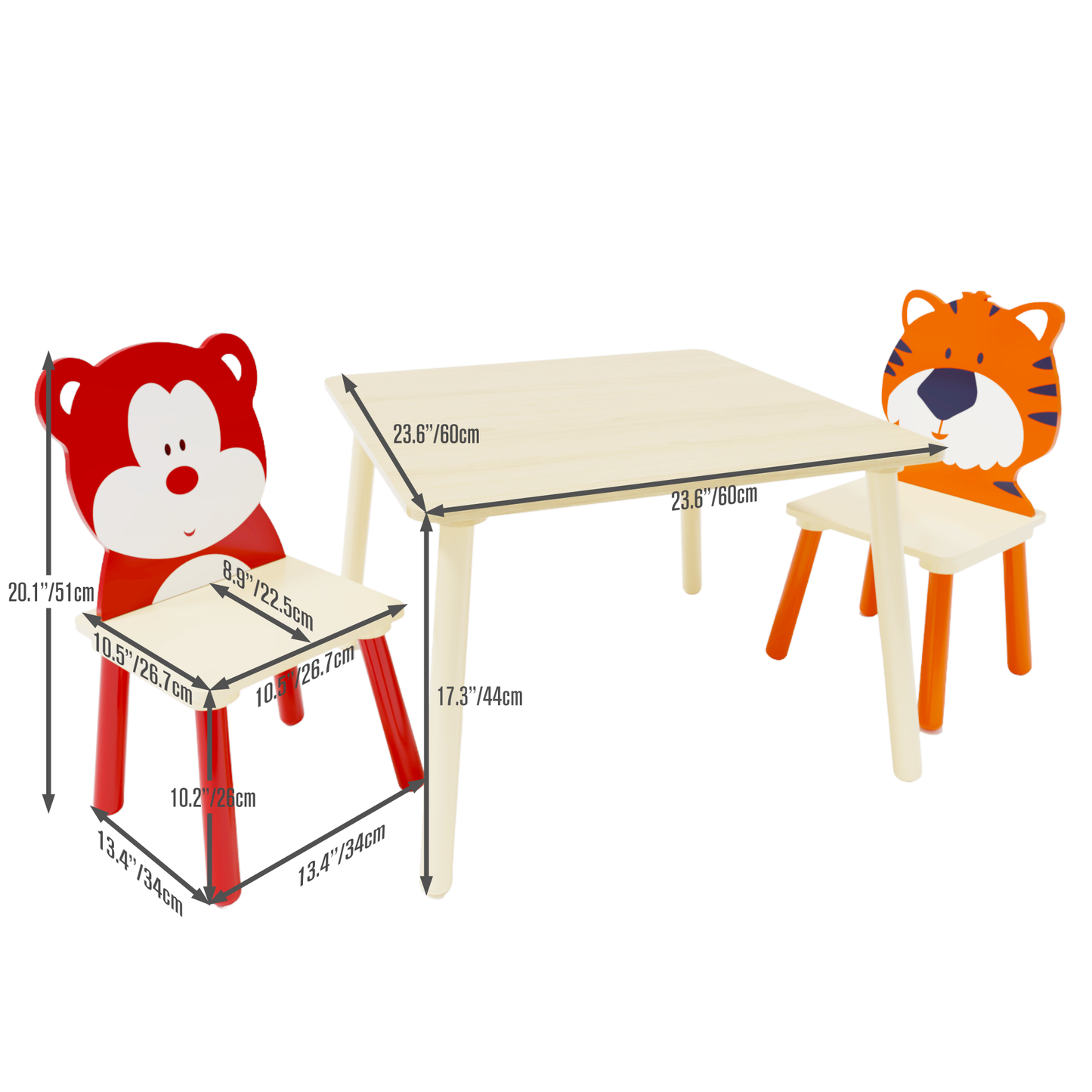 Moonriver Kids Wood Table with 2 Chairs Set Cartoon Animals