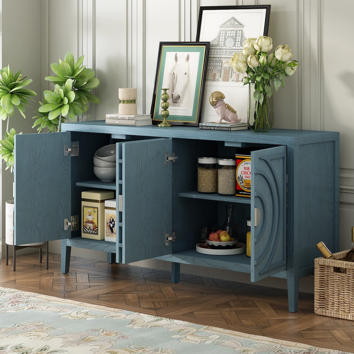 Cade Retro Sideboard with Circular Groove Design - Antique Blue