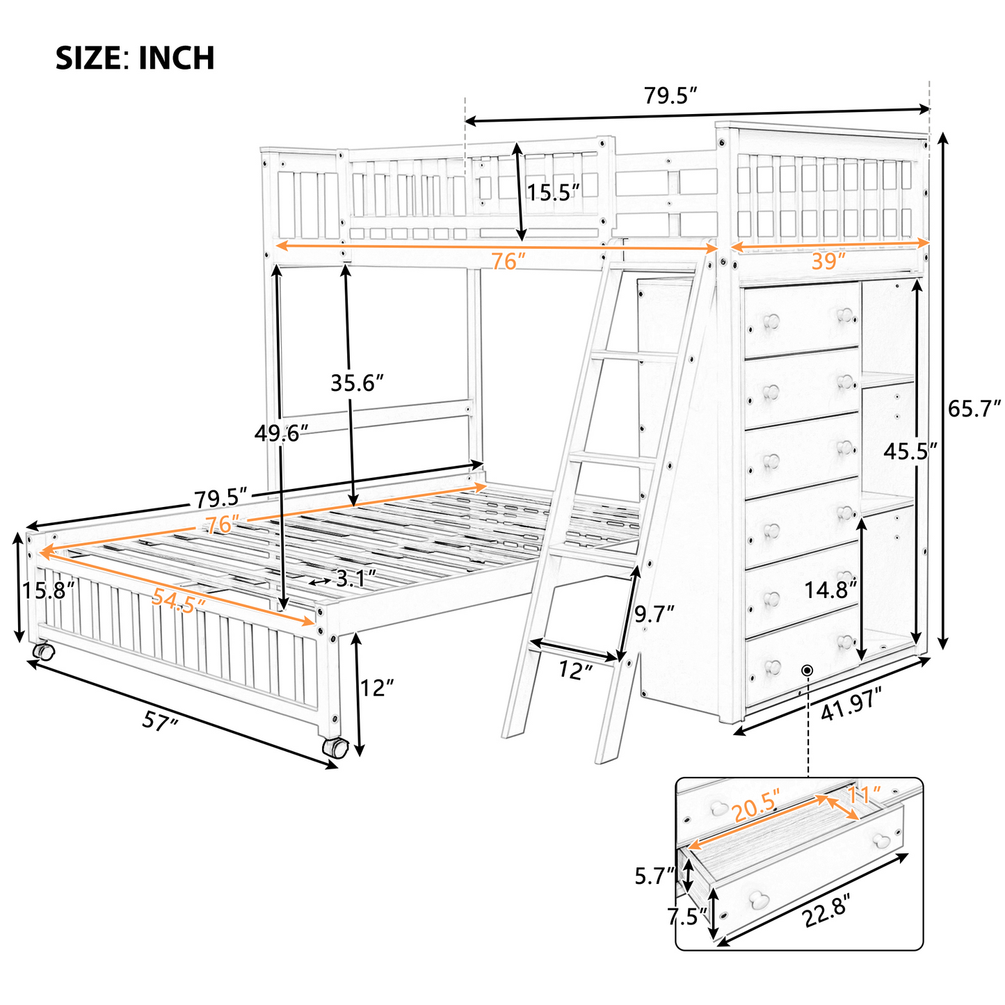Twin Over Full Bunk Bed With Six Drawers Storage And Adjustable Shelves