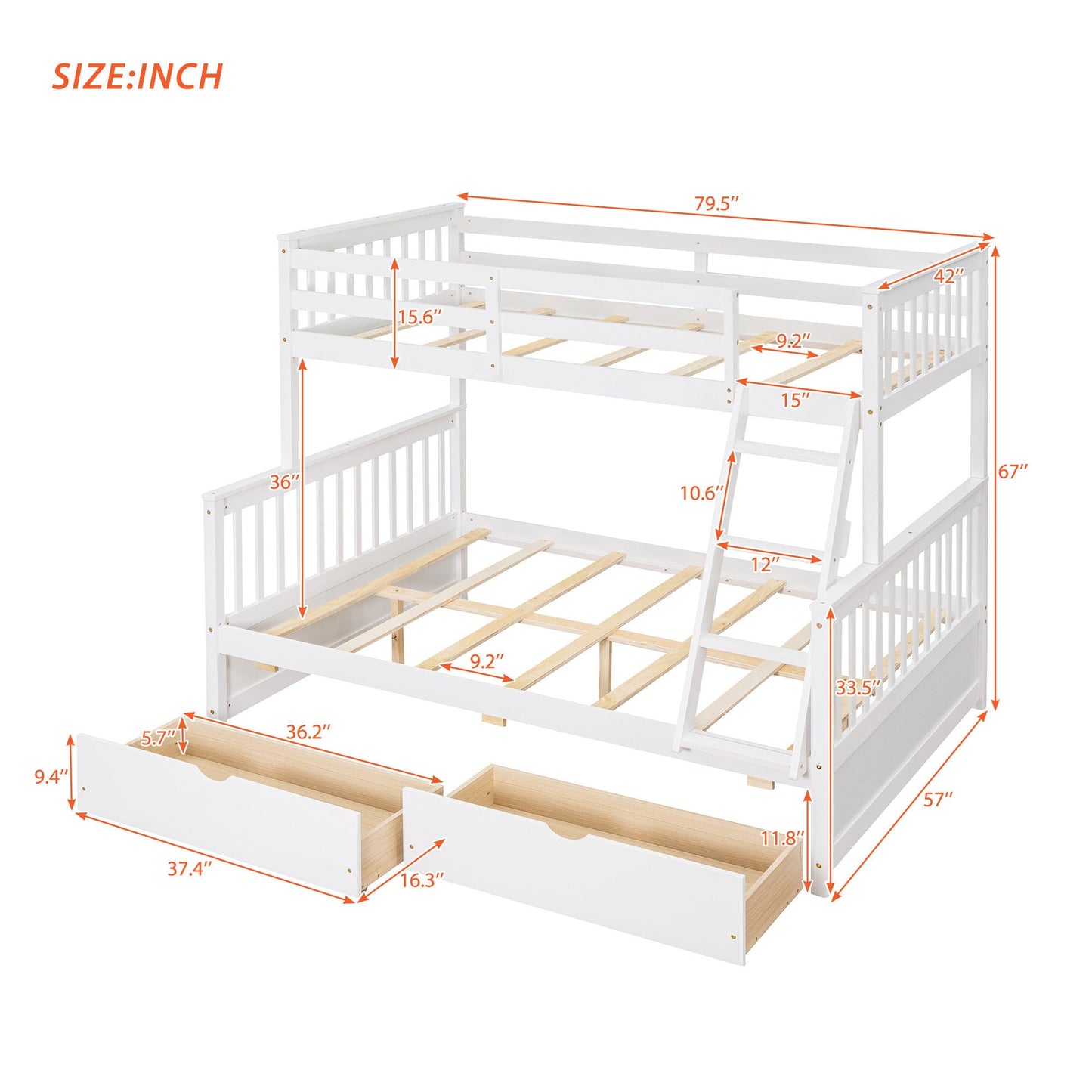 Twin-Over-Full Bunk Bed with Ladders and Two Storage Drawers White