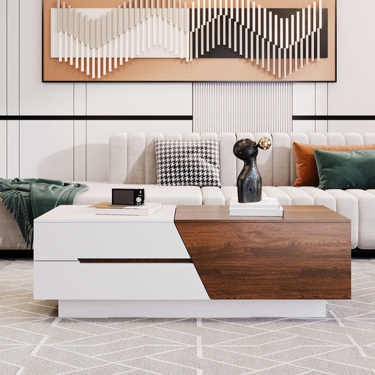 Kristian Modern Extendable Sliding Top Coffee Table with Storage in White&Walnut