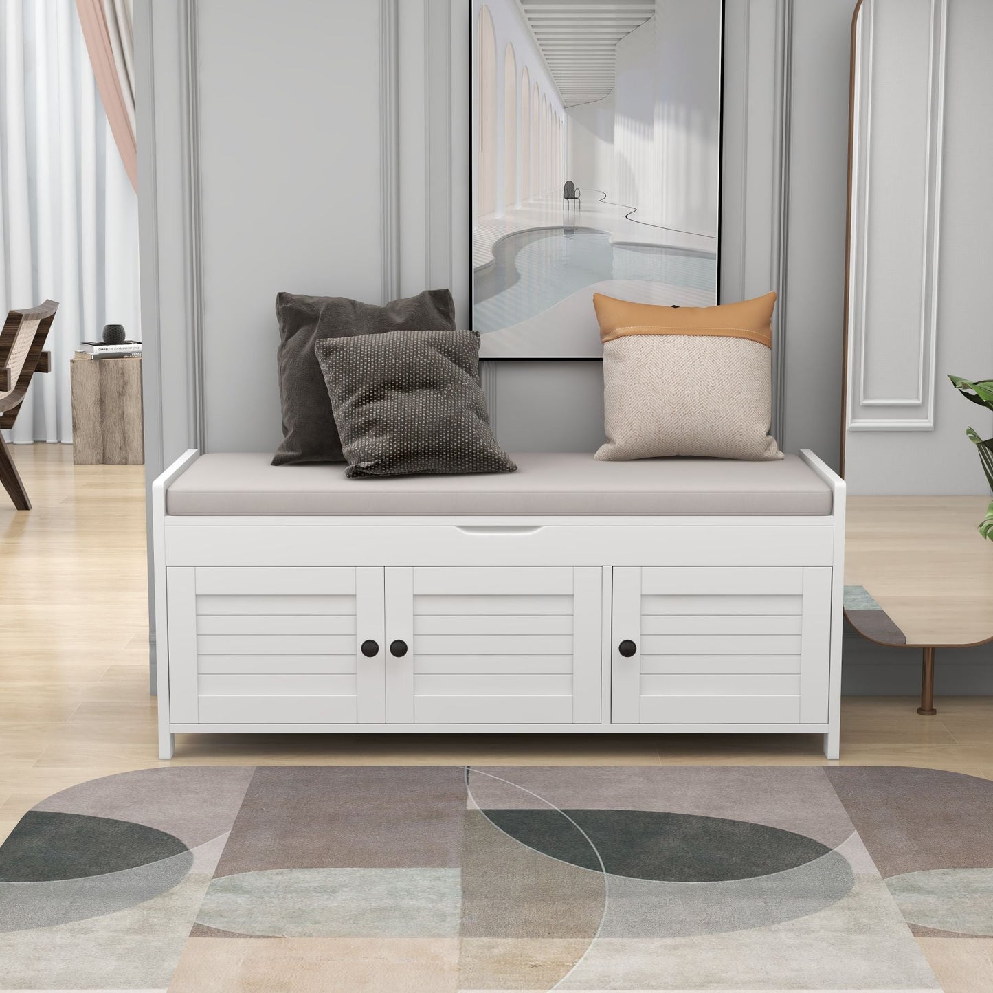 Drea Storage Bench with 3 Shutter-shaped Doors, Shoe Bench with Removable Cushion and Hidden Storage Space, White