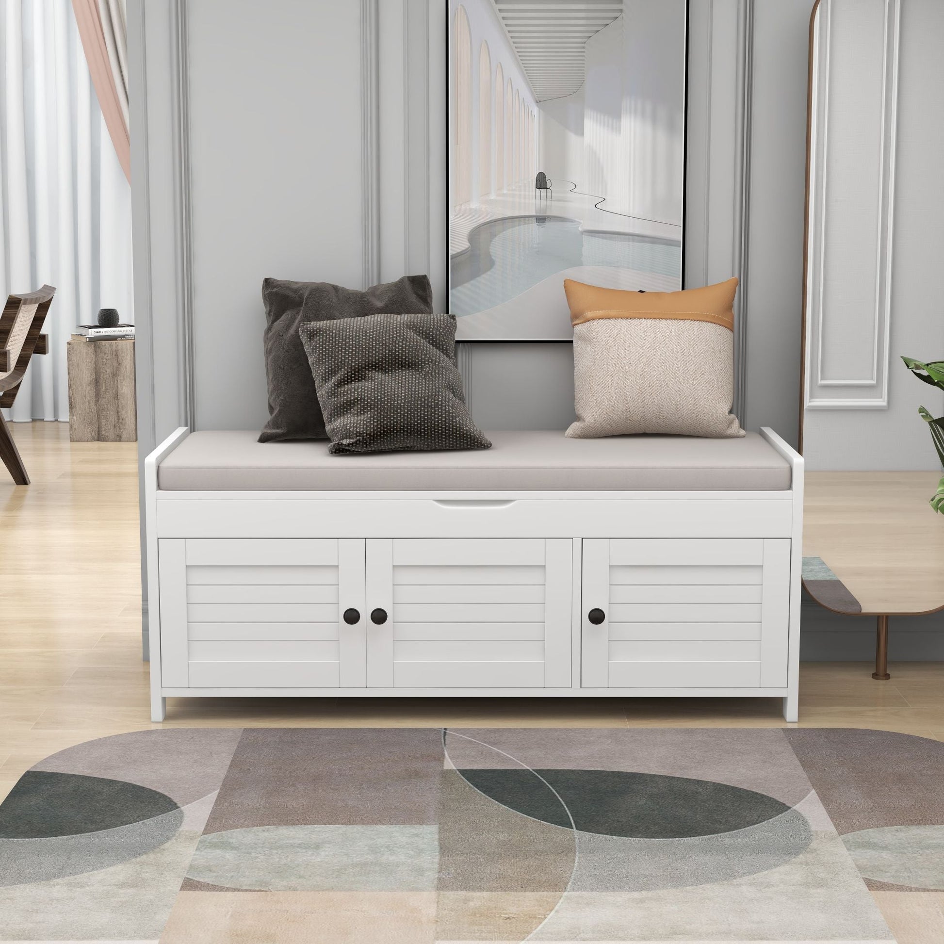 Drea Storage Bench with 3 Shutter-shaped Doors, Shoe Bench with Removable Cushion and Hidden Storage Space, White