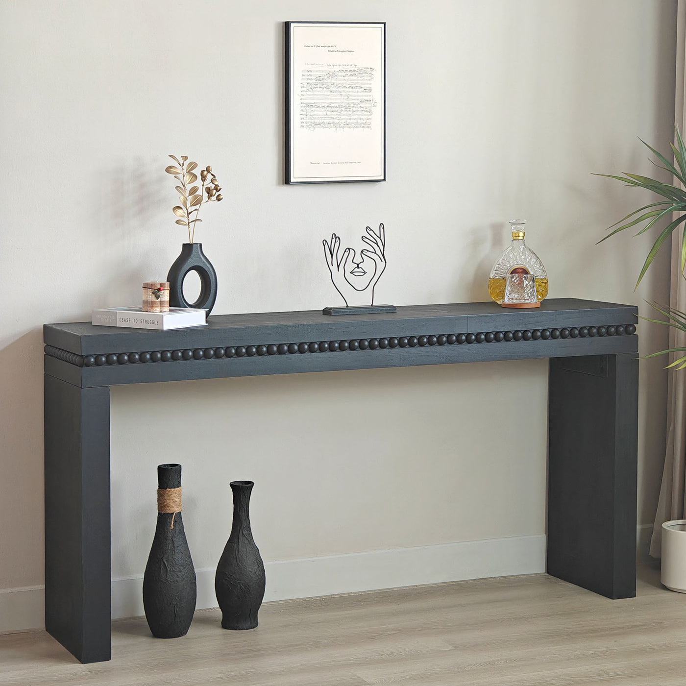 Ansel Wooden Console Table with Real Wood Beads Decoration, Antique Black