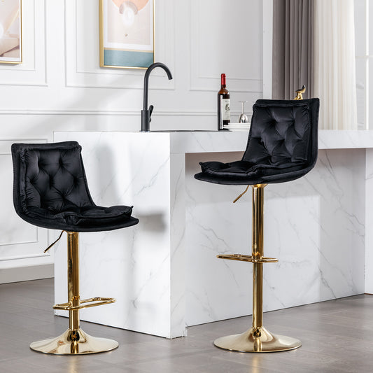 Lauren Adjustable Height Velvet Bar Stools with Gold Base - Black