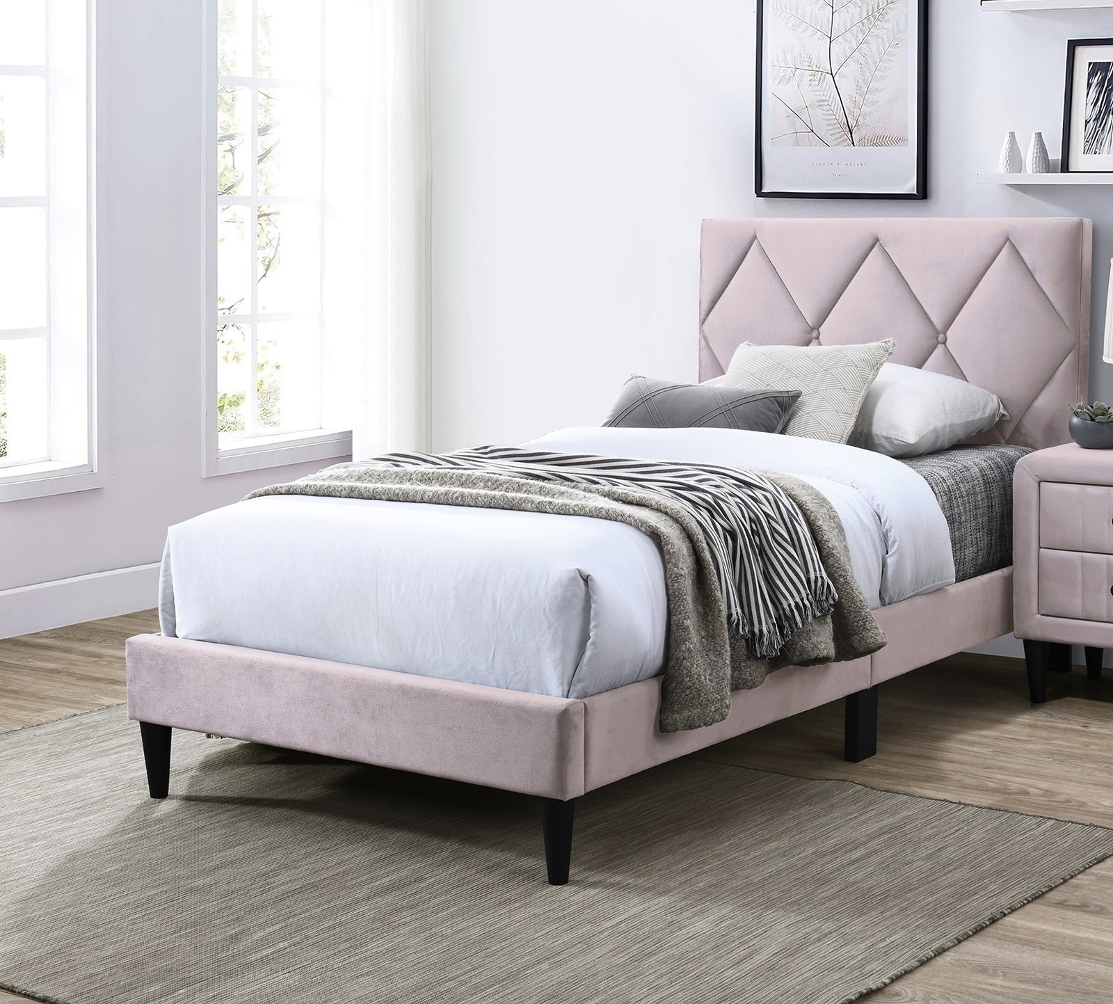Olivia Twin Platform Bed w Adjustable Headboard, Pink
