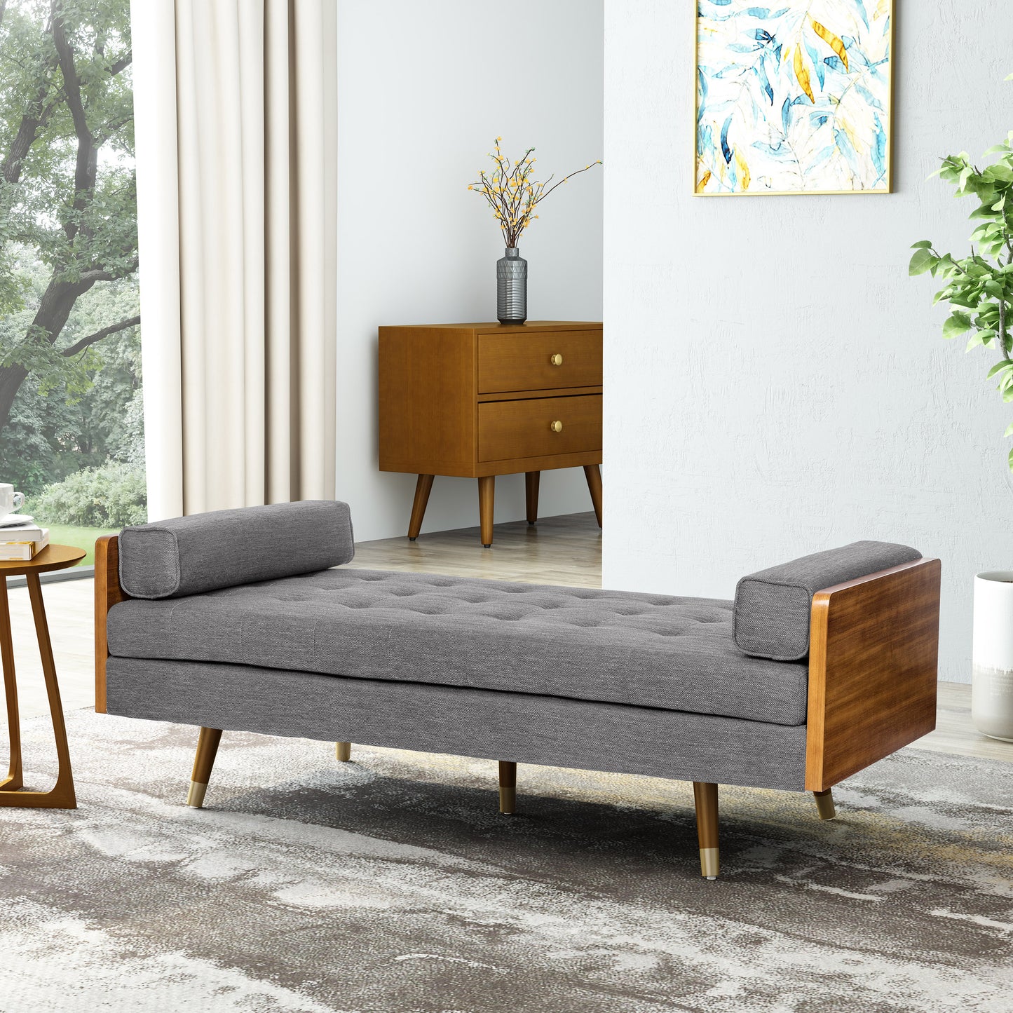 Thelma Mid-Century Modern Chaise Lounge, Gray & Walnut