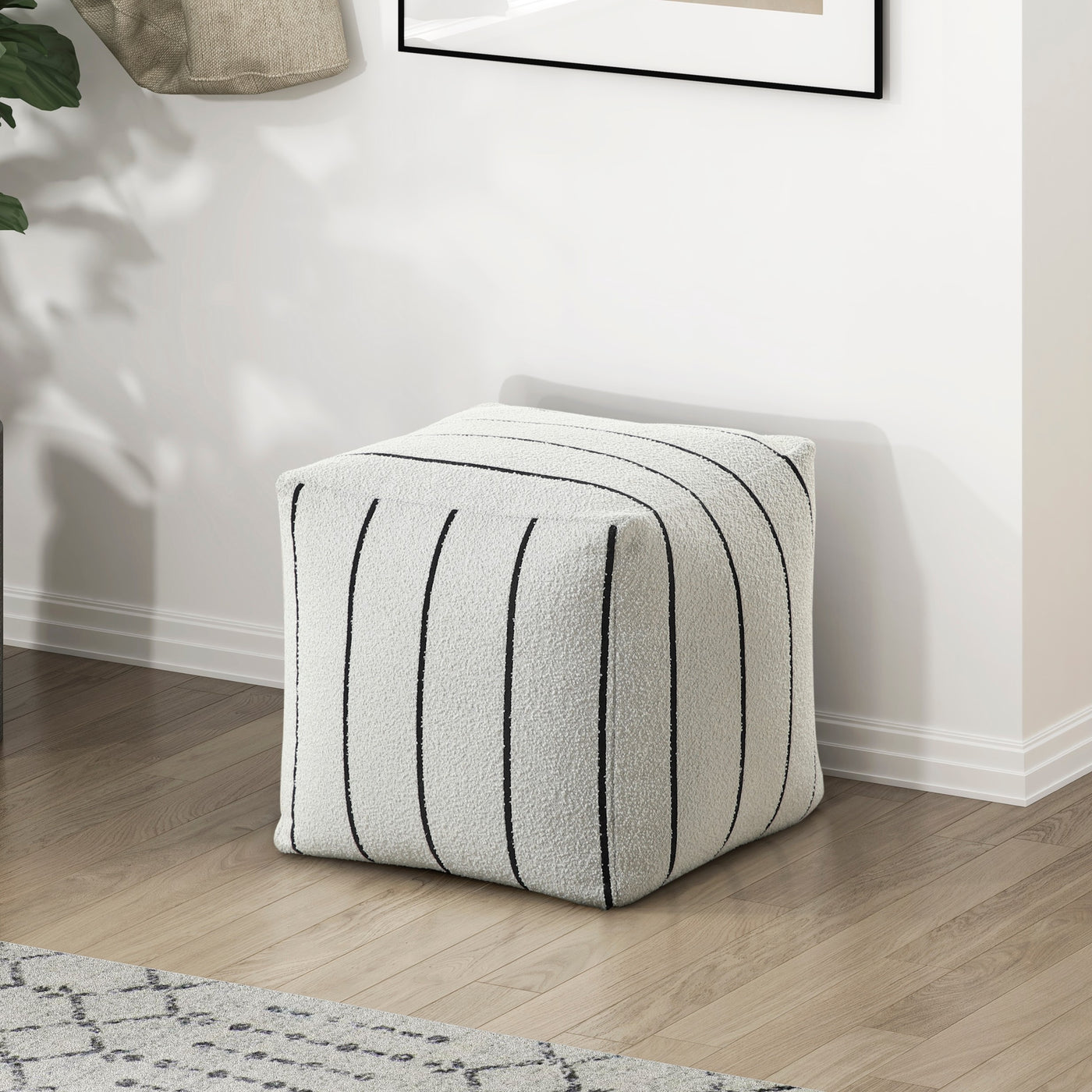 Modern Square Pouf Off-White Jacquard Fabric Upholstered Ottoman