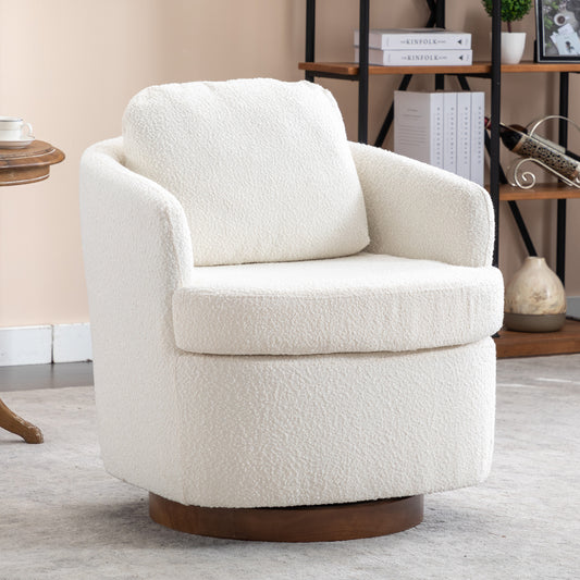 Barley Boucle Upholstered  Swivel Accent Chair with Wooden Base - Off-White