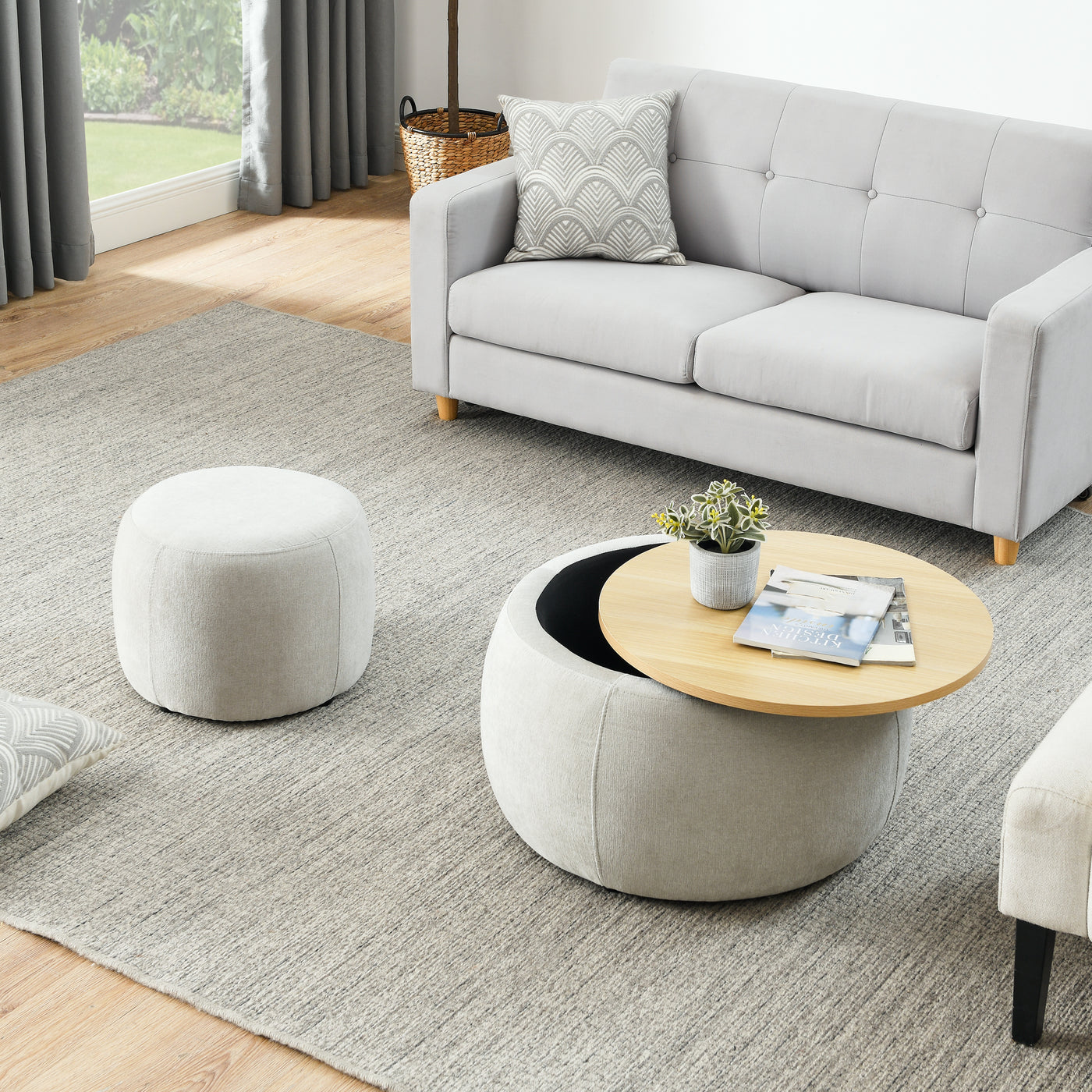 Jules 2-PC Upholstered Storage Ottoman Set with Wood Top, Gray