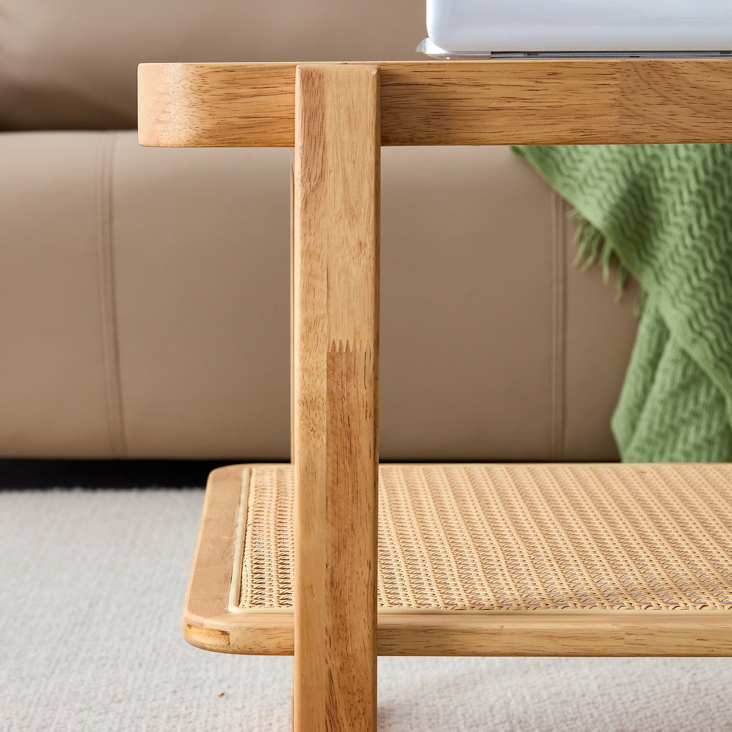 Baylor Mid-Century Modern Glass Top Coffee Table with Rattan Shelf, Natural