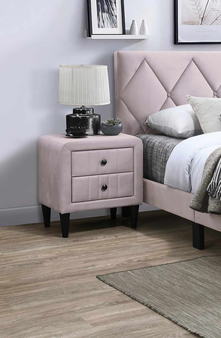 Olivia 2-Drawer Velvet Nightstand with Black Legs, Pink