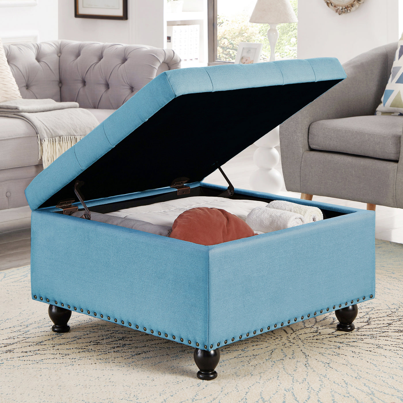 Trent Tufted Blue Linen Storage Ottoman