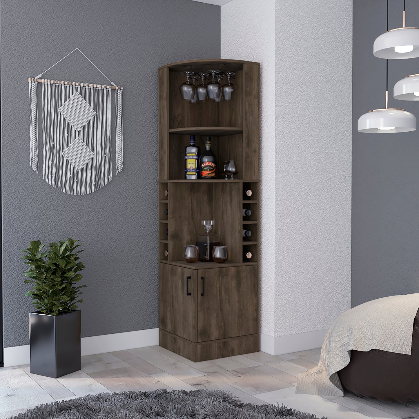 Dark Brown 8-Bottle 2-Shelf Bar Cabinet