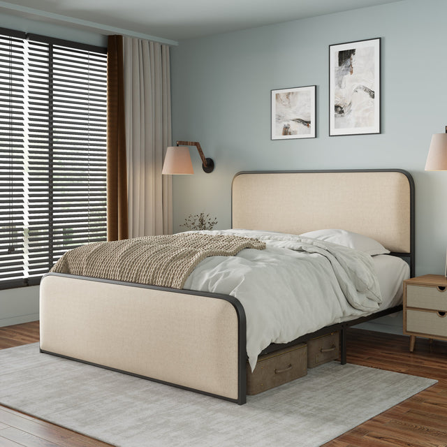 Liriel Modern Metal Frame Queen Bed with Upholstered Headboard & Footboard, Beige