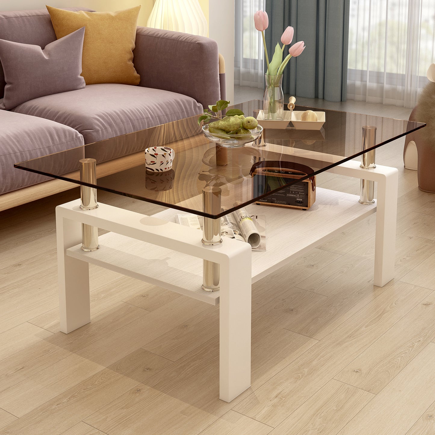 Melo Modern Brown Glass Coffee Table with White Frame