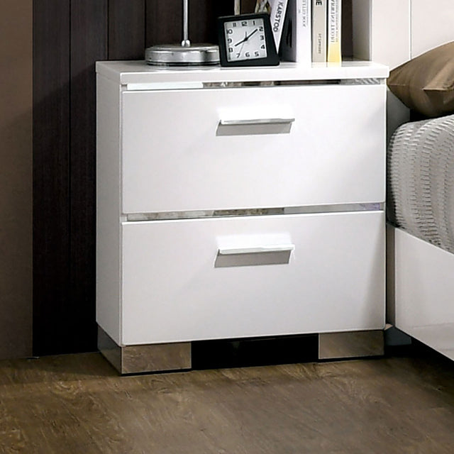 Carlie 2-Drawer Nightstand in White High Gloss Finish w- Silver Accents