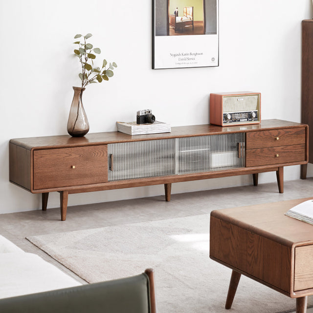 Winslow 79” Walnut Oak & Glass Modern TV Stand