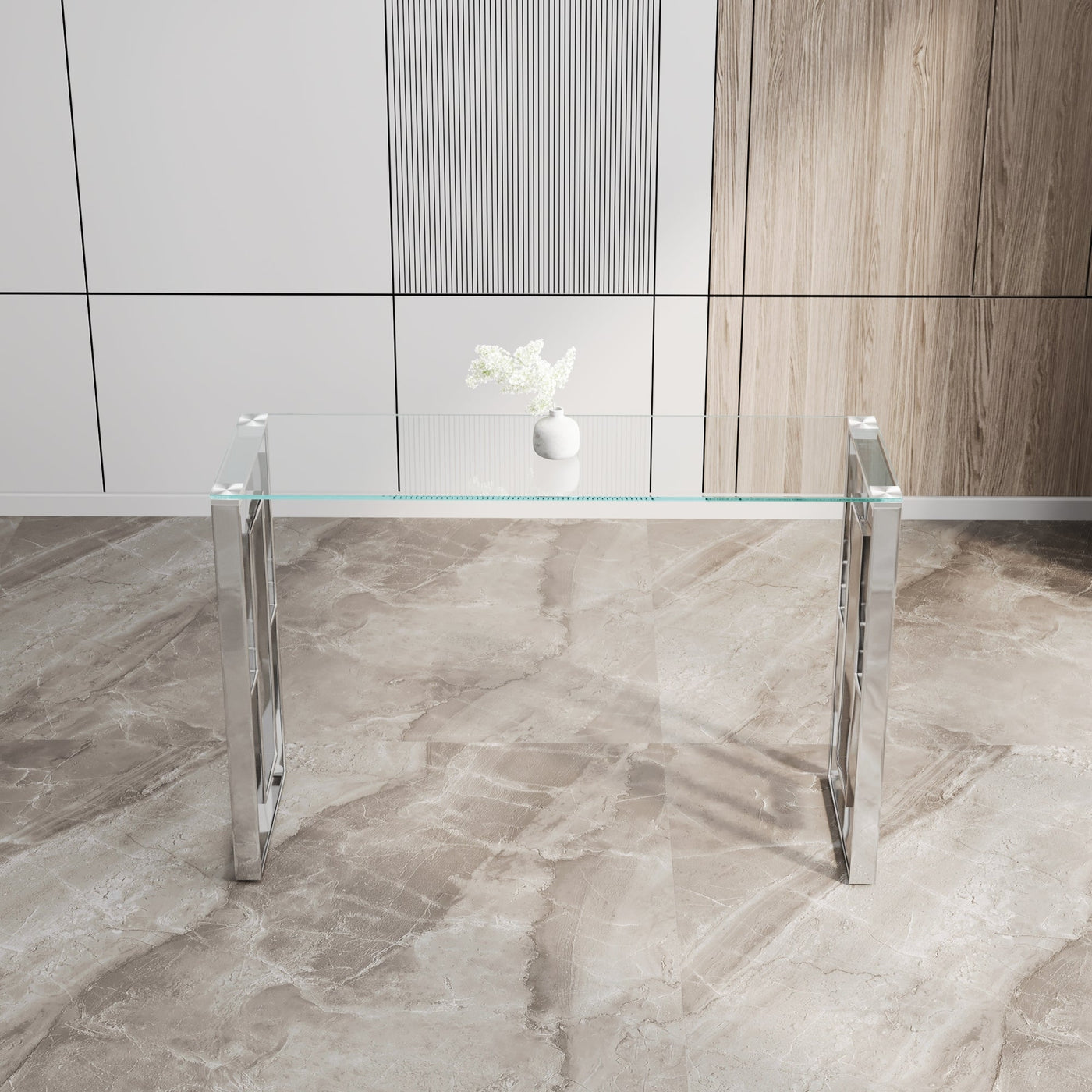 Chic Elegance Silver Stainless Steel & Glass Console Table