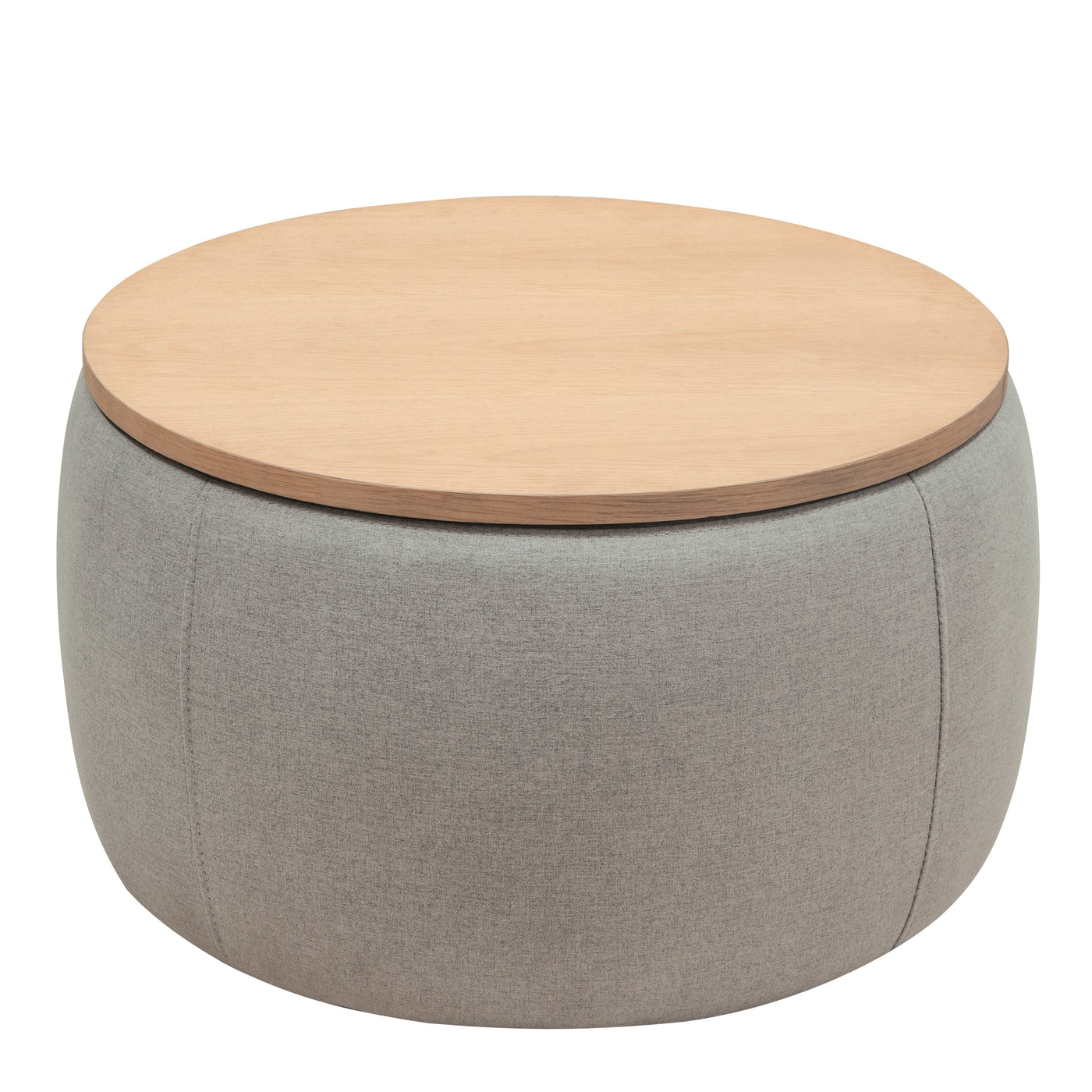 Jules Round Upholstered Storage Ottoman with Wooden Top, Gray